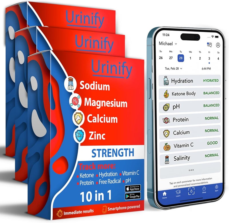 Urinify شرائط اختبار البول للتطبيقات المحمولة - موثوق بها في المنزل للصوديوم، الملوحة، المغنيسيوم، الكالسيوم، الإلكتروليتات، الترطيب، الرقم الهيدروجيني، فيتامين C، البروتين، اختبار كيتو للبول - مجموعة القوة (18 شريط)  - Image 1